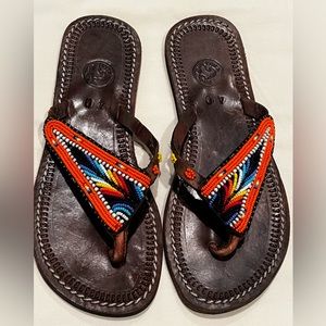 Exquisite & Unique African Leather & Beaded Flip Flops Sandals Sz 40 Multicolor